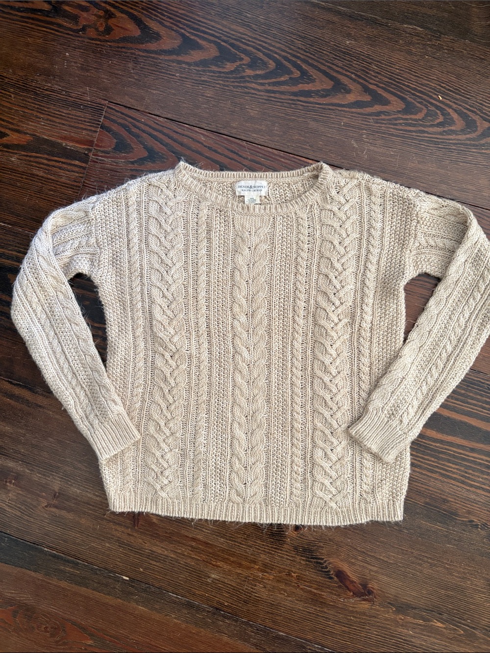 Ralph Lauren Denim & Supply Vintage Cable-Knit Crewneck Sweater in Beige